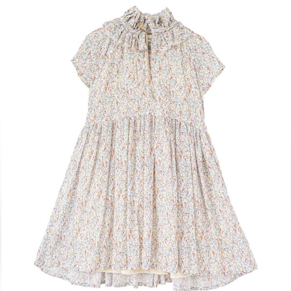 Cosmosophie Floral Ruffle Neck Tiered Dress Size 3 Organic Cotton Made In Spain